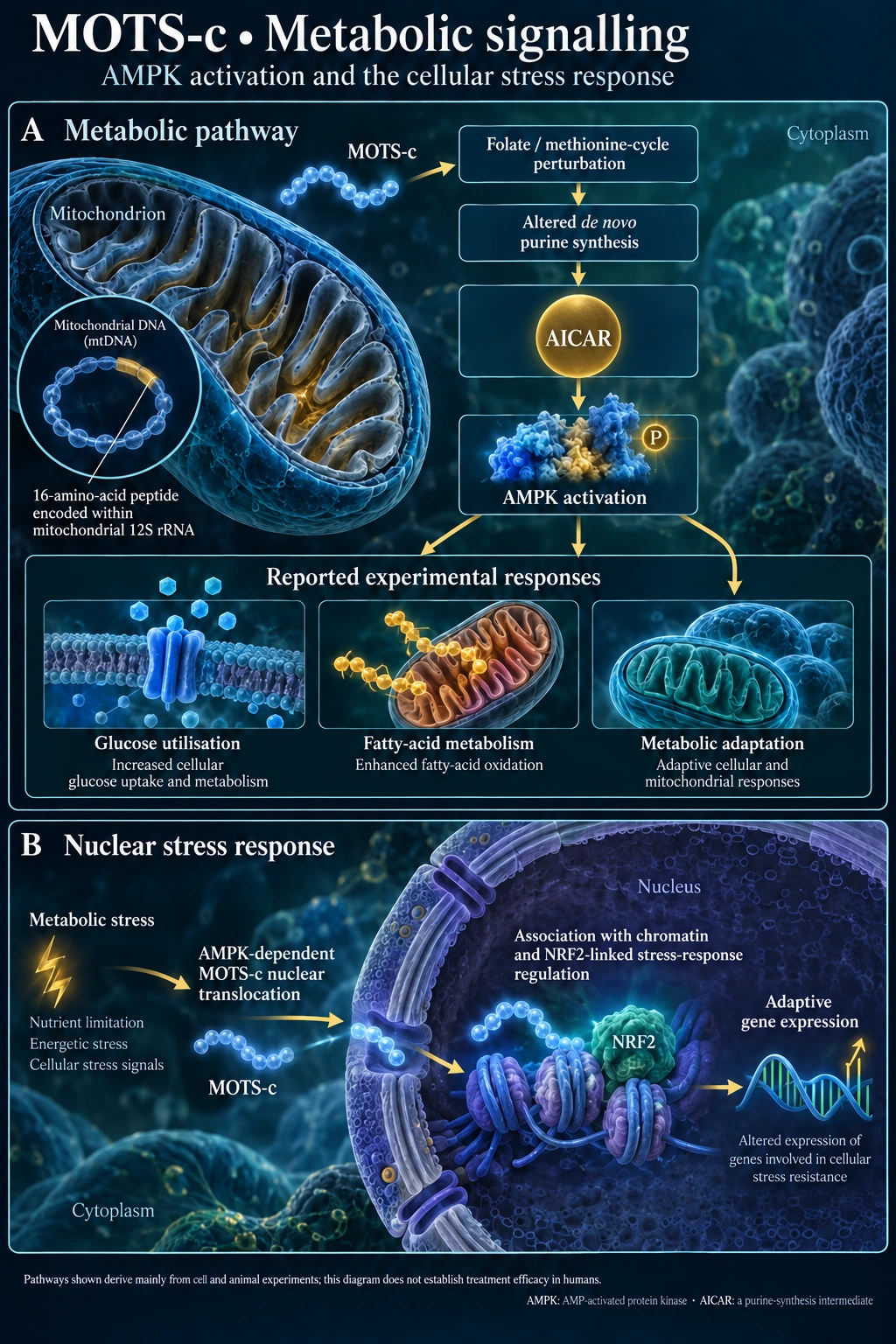MOTS-c: Medical scientific diagram. Open full size to read labels; evidence and limitations appear in the profile.