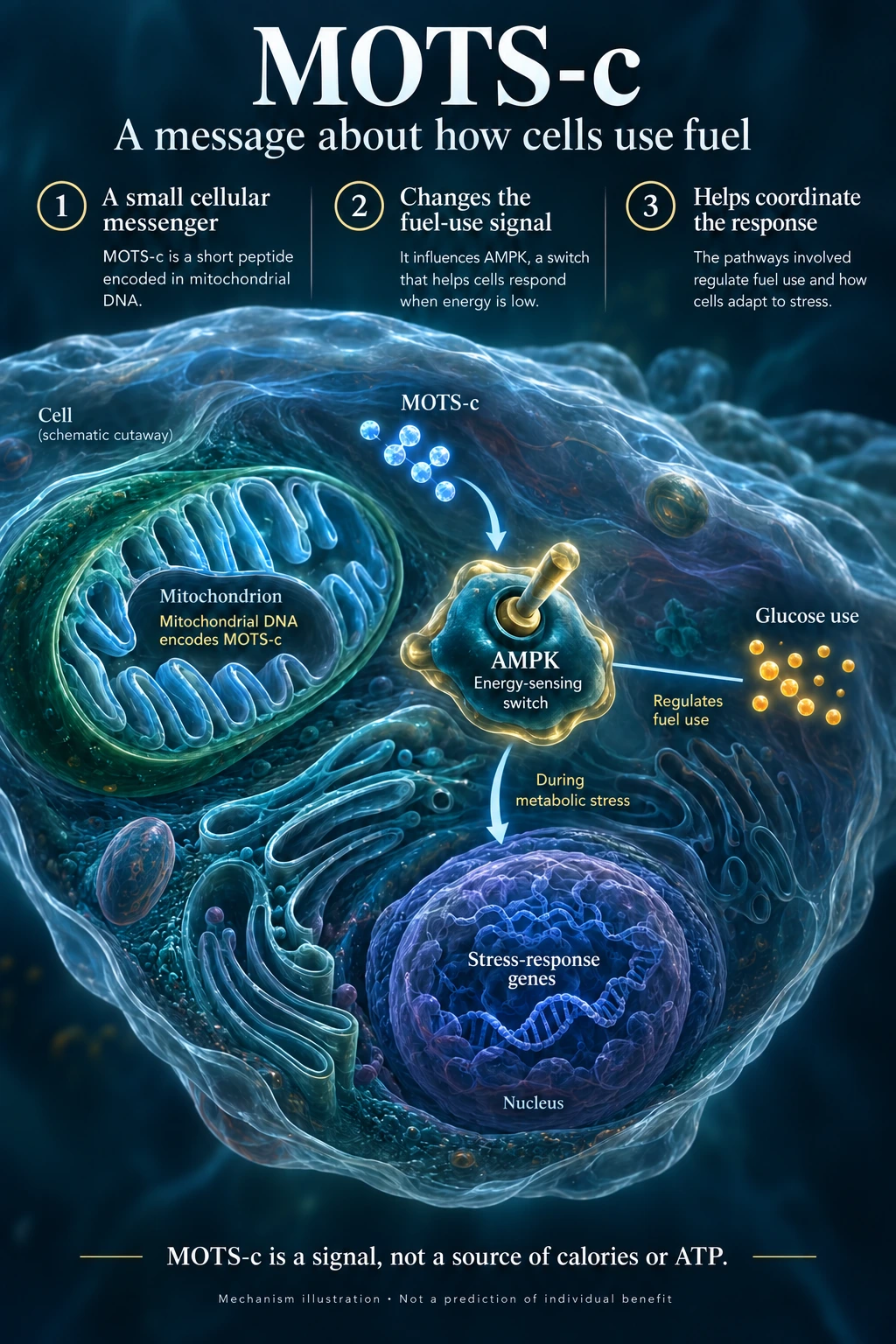 MOTS-c: Overview scientific diagram. Open full size to read labels; evidence and limitations appear in the profile.