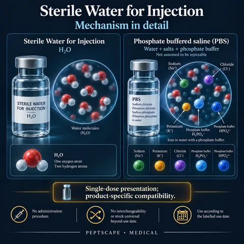 Sterile Water for Injection: Medical scientific diagram. Open full size to read labels; evidence and limitations appear in the profile.