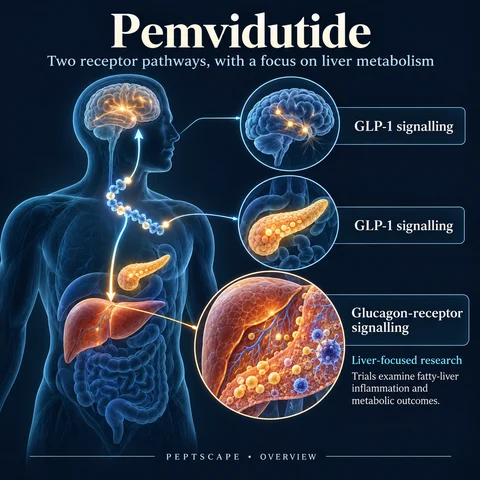 Pemvidutide: Overview scientific diagram. Open full size to read labels; evidence and limitations appear in the profile.