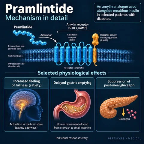 Pramlintide: Medical scientific diagram. Open full size to read labels; evidence and limitations appear in the profile.