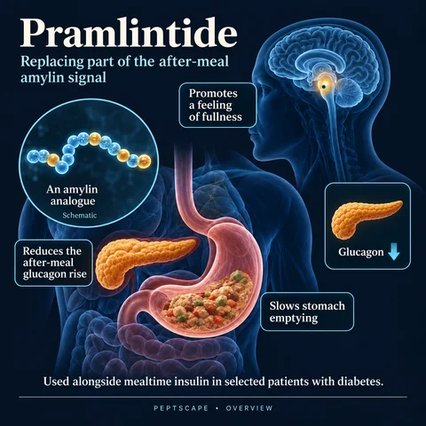 Pramlintide: Overview scientific diagram. Open full size to read labels; evidence and limitations appear in the profile.