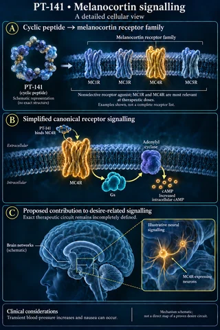 PT-141 (Bremelanotide): Medical scientific diagram. Open full size to read labels; evidence and limitations appear in the profile.