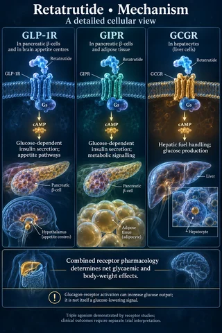 Retatrutide: Medical scientific diagram. Open full size to read labels; evidence and limitations appear in the profile.