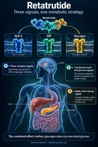 Retatrutide: Overview scientific diagram. Open full size to read labels; evidence and limitations appear in the profile.