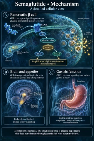 Semaglutide: Medical scientific diagram. Open full size to read labels; evidence and limitations appear in the profile.