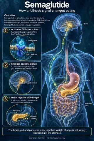 Semaglutide: Overview scientific diagram. Open full size to read labels; evidence and limitations appear in the profile.