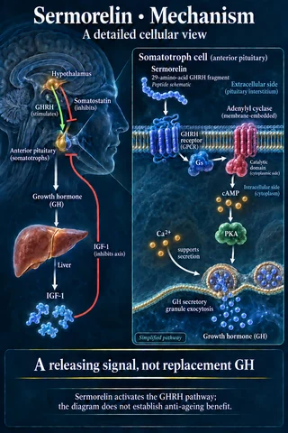 Sermorelin: Medical scientific diagram. Open full size to read labels; evidence and limitations appear in the profile.
