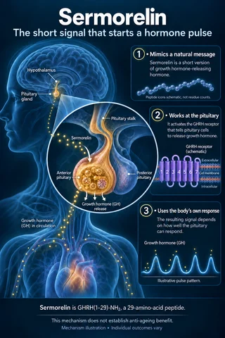 Sermorelin: Overview scientific diagram. Open full size to read labels; evidence and limitations appear in the profile.