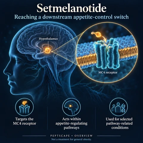 Setmelanotide: Overview scientific diagram. Open full size to read labels; evidence and limitations appear in the profile.