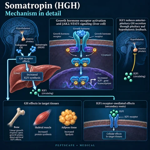 Somatropin (HGH): Medical scientific diagram. Open full size to read labels; evidence and limitations appear in the profile.