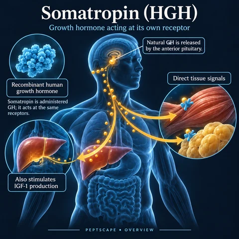Somatropin (HGH): Overview scientific diagram. Open full size to read labels; evidence and limitations appear in the profile.