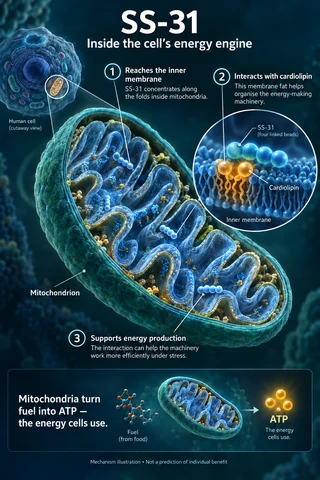 SS-31 / Elamipretide: Overview scientific diagram. Open full size to read labels; evidence and limitations appear in the profile.