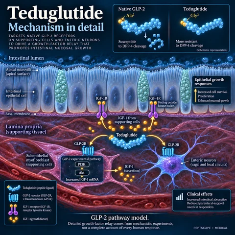 Teduglutide: Medical scientific diagram. Open full size to read labels; evidence and limitations appear in the profile.