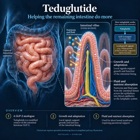 Teduglutide: Overview scientific diagram. Open full size to read labels; evidence and limitations appear in the profile.