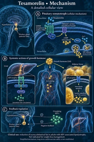 Tesamorelin: Medical scientific diagram. Open full size to read labels; evidence and limitations appear in the profile.