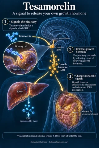 Tesamorelin: Overview scientific diagram. Open full size to read labels; evidence and limitations appear in the profile.