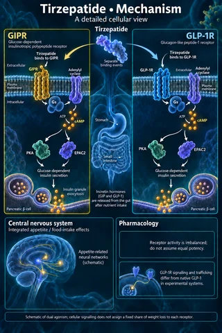 Tirzepatide: Medical scientific diagram. Open full size to read labels; evidence and limitations appear in the profile.