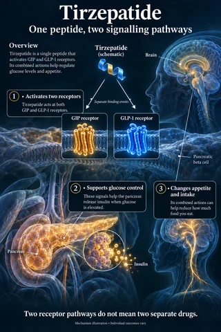 Tirzepatide: Overview scientific diagram. Open full size to read labels; evidence and limitations appear in the profile.